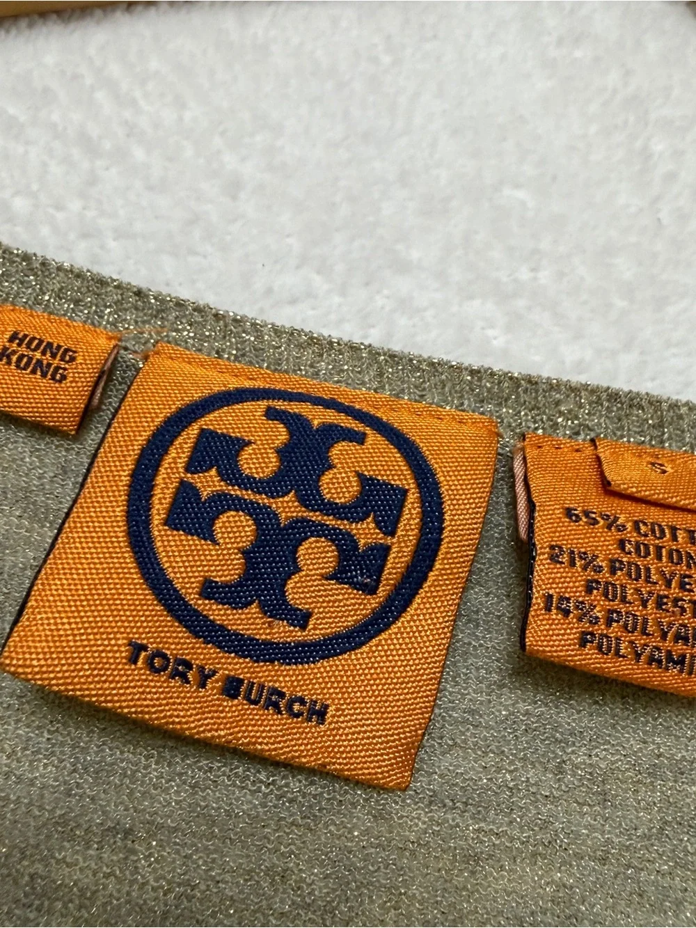 Tory Burch sz S Cardigan Lightweight Knit Sweater Gold Logo Buttons Metallic